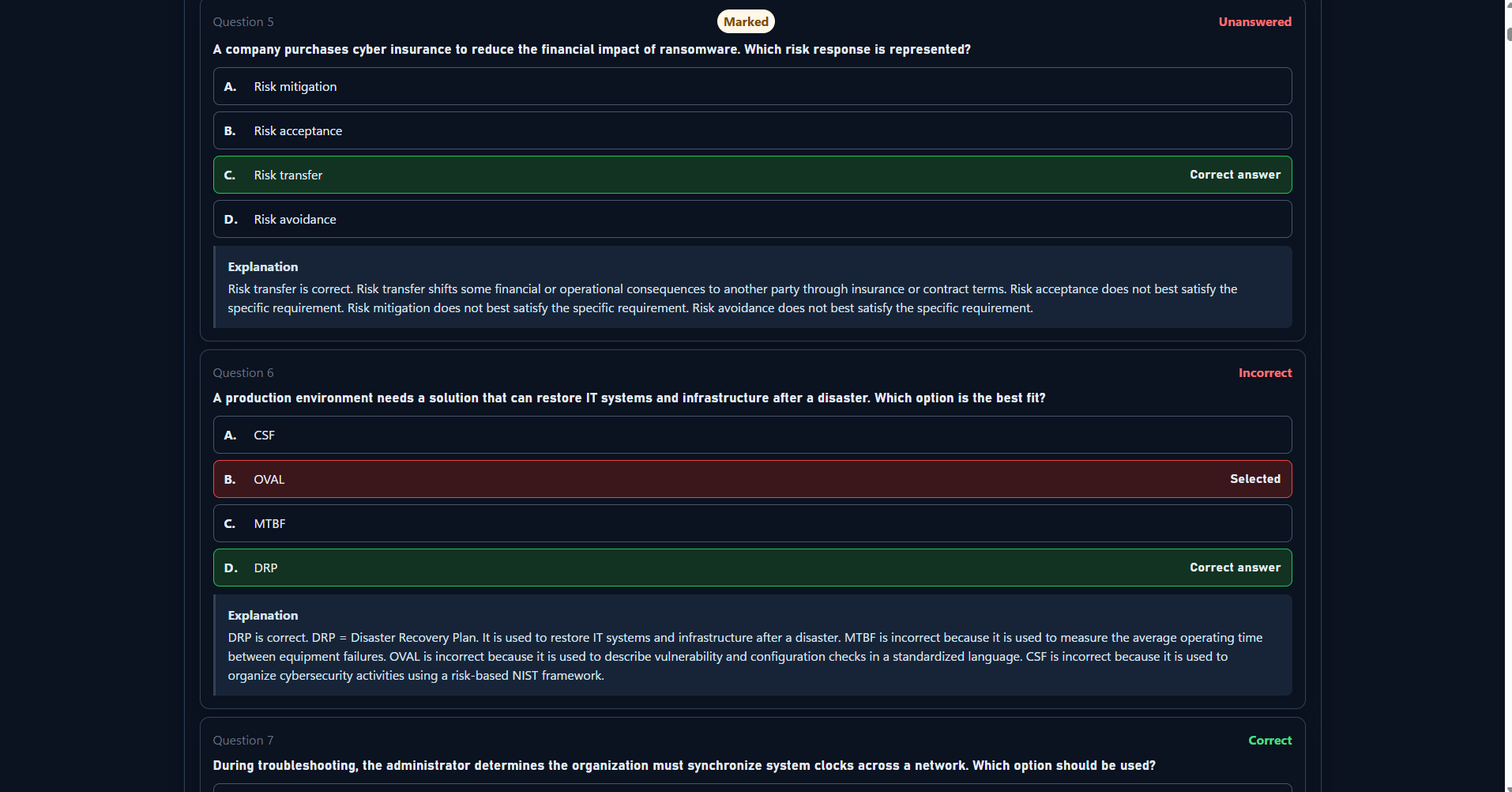 CCE Player results review showing marked, unanswered, correct, and incorrect responses